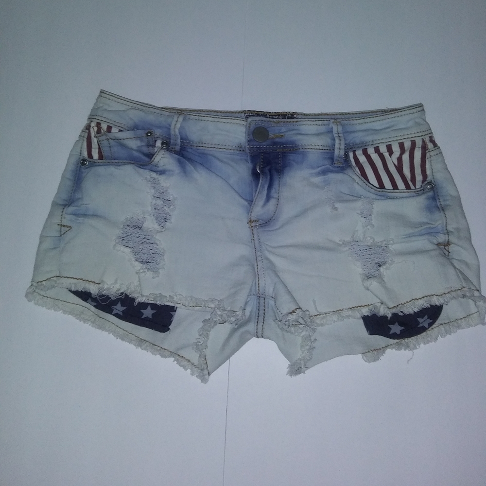 Hot Kiss Blue Denim Short Shorts Patriotic Stars Stripes Detailing SZ 11 Junior